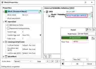 suporte blocksim Block Properties Window of Server1 and Model Wizard (inset)